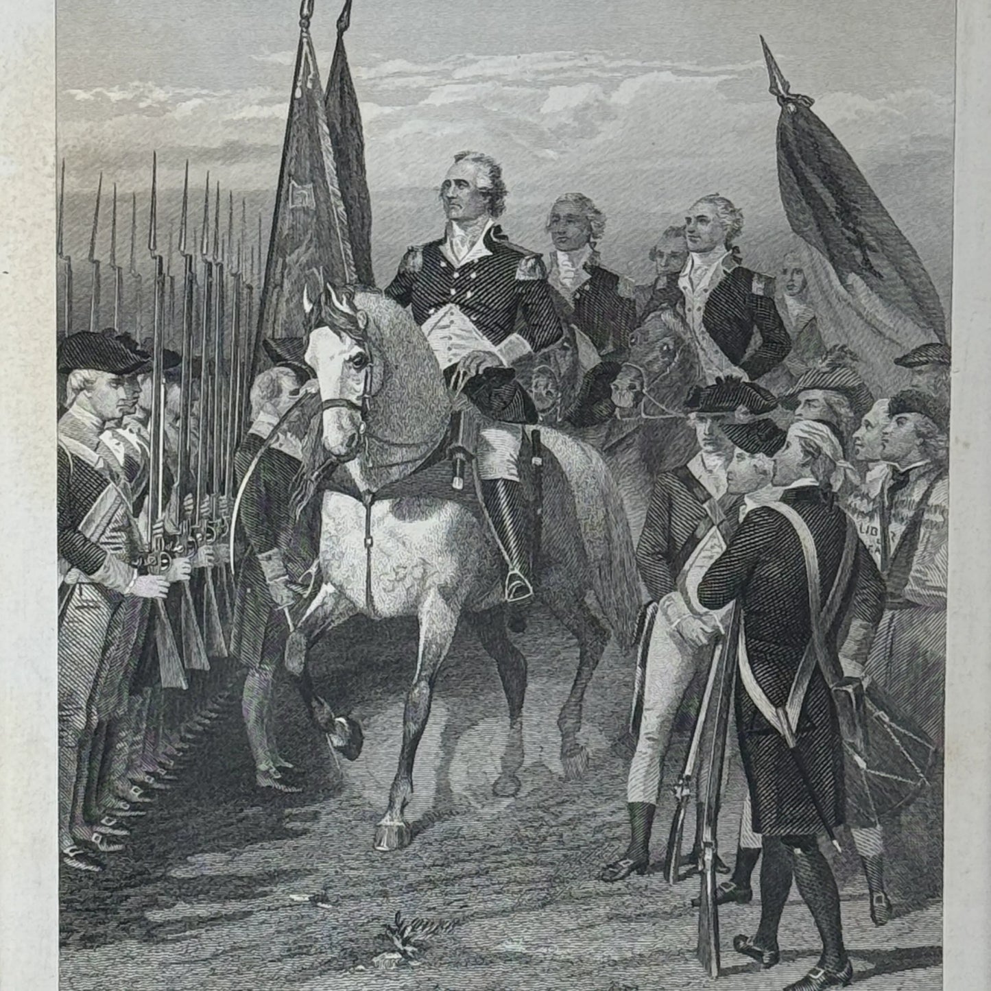 "Washington Taking Command of the Army" — 1858 engraving in an antique frame