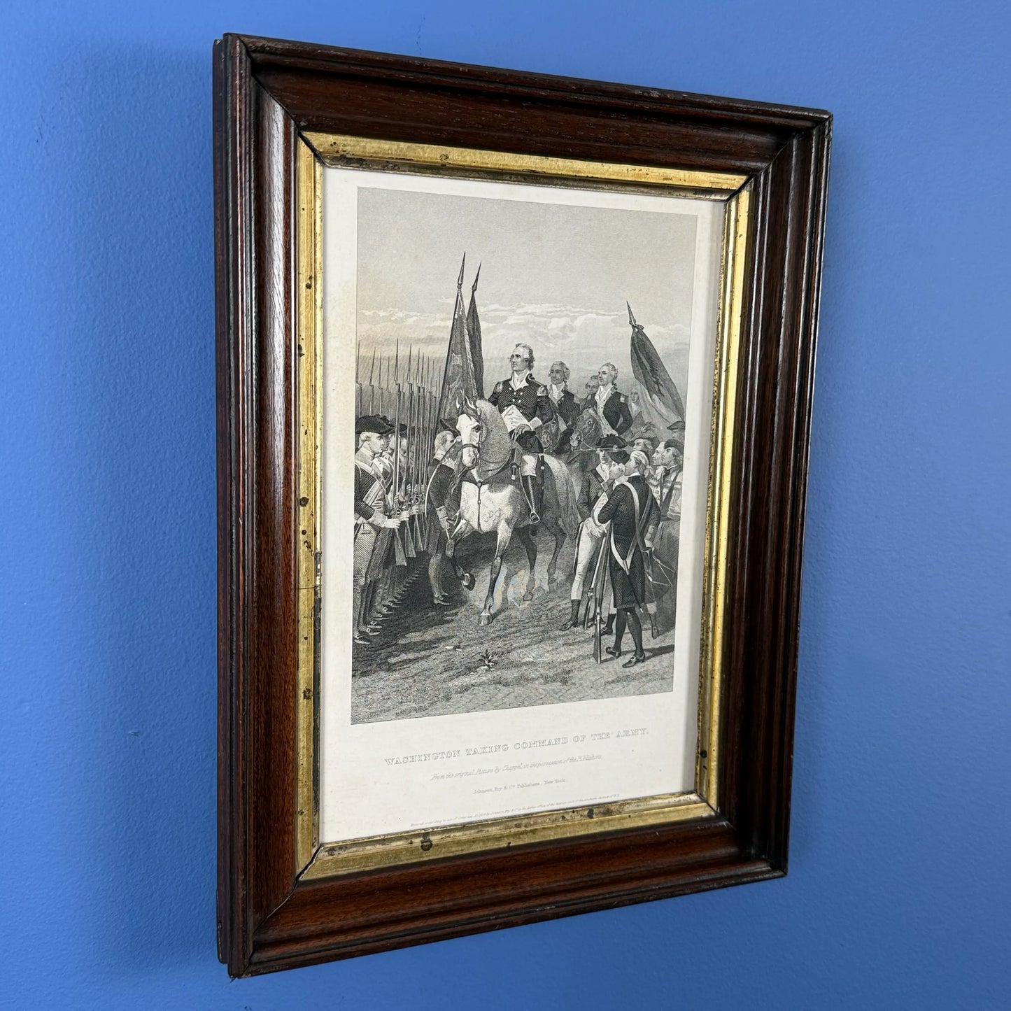 "Washington Taking Command of the Army" — 1858 engraving in an antique frame
