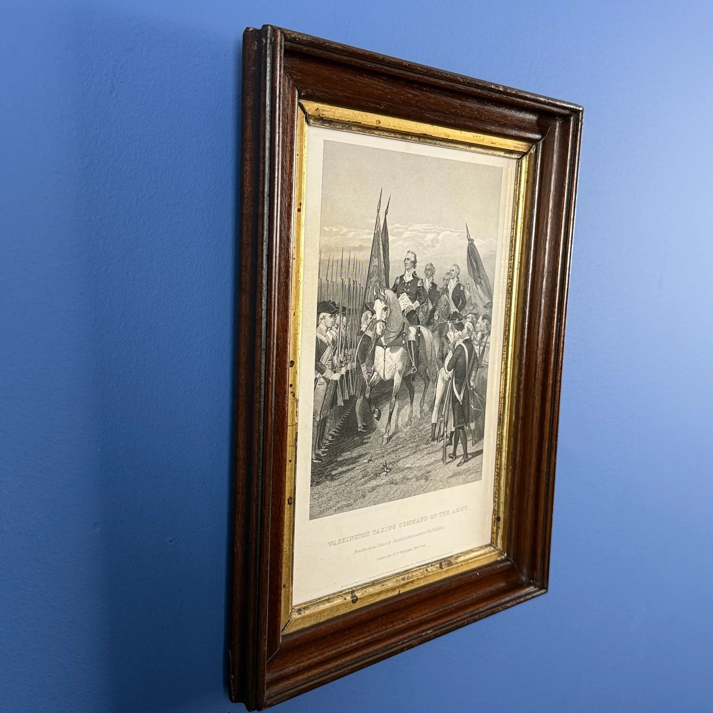 "Washington Taking Command of the Army" — 1858 engraving in an antique frame