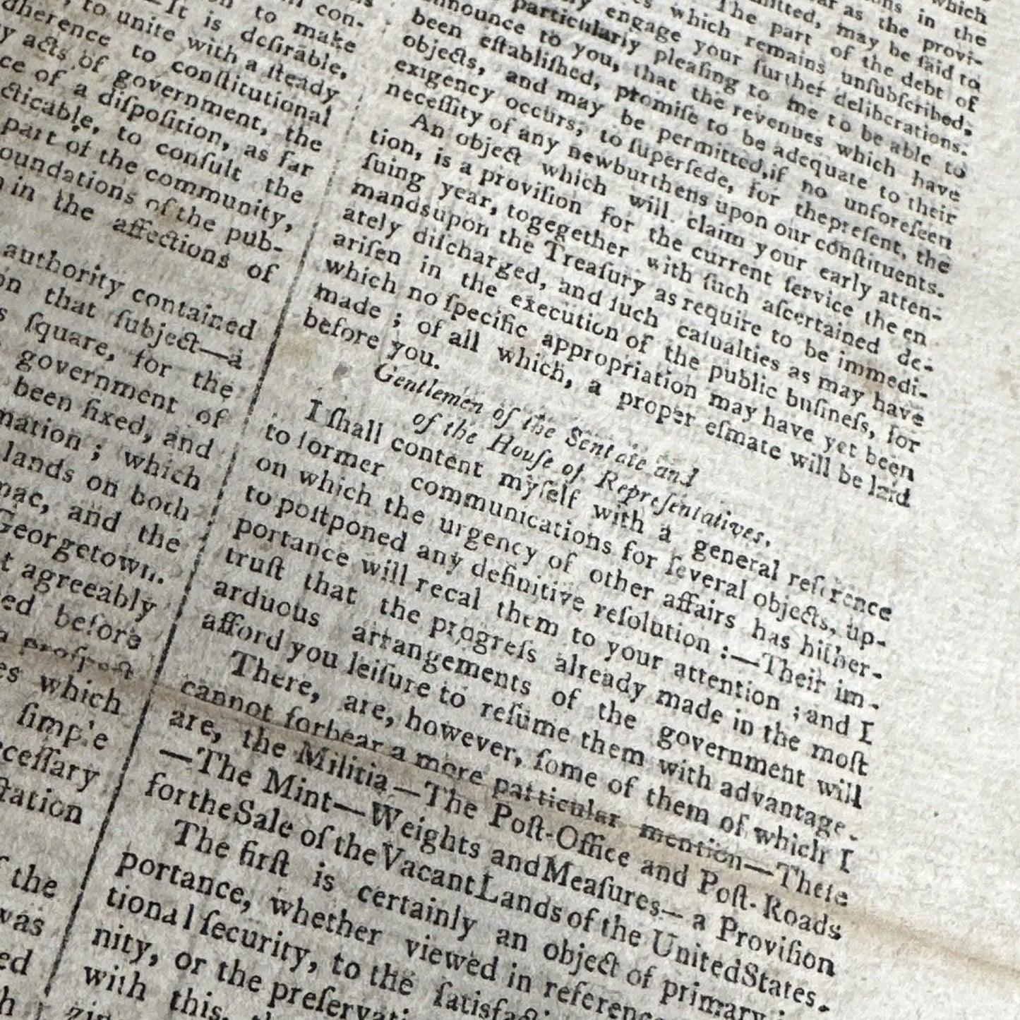 1791 Newspaper reporting Washington’s State of the Union Address