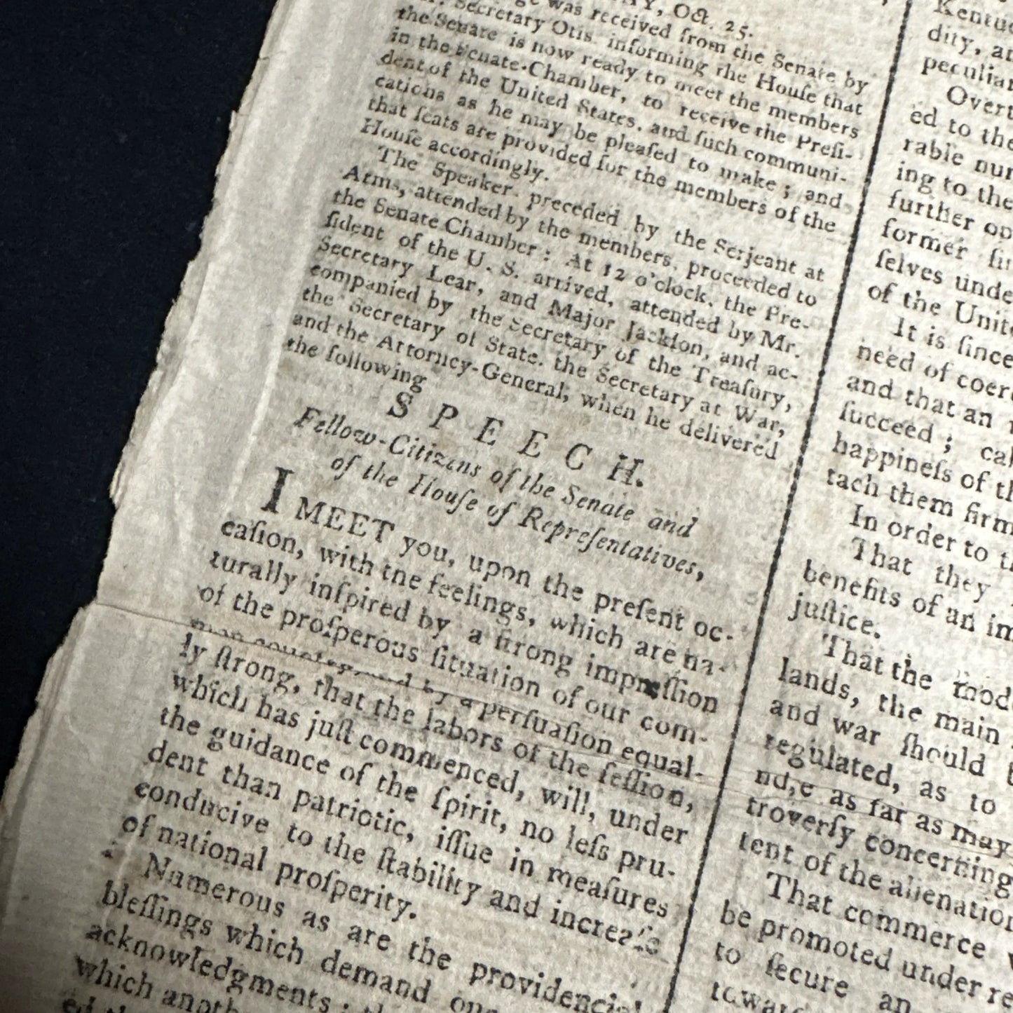 1791 Newspaper reporting Washington’s State of the Union Address