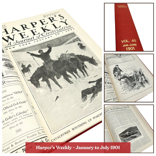 1901 and 1908 bound volumes of "Harper's Weekly" from January to June in a large bound book