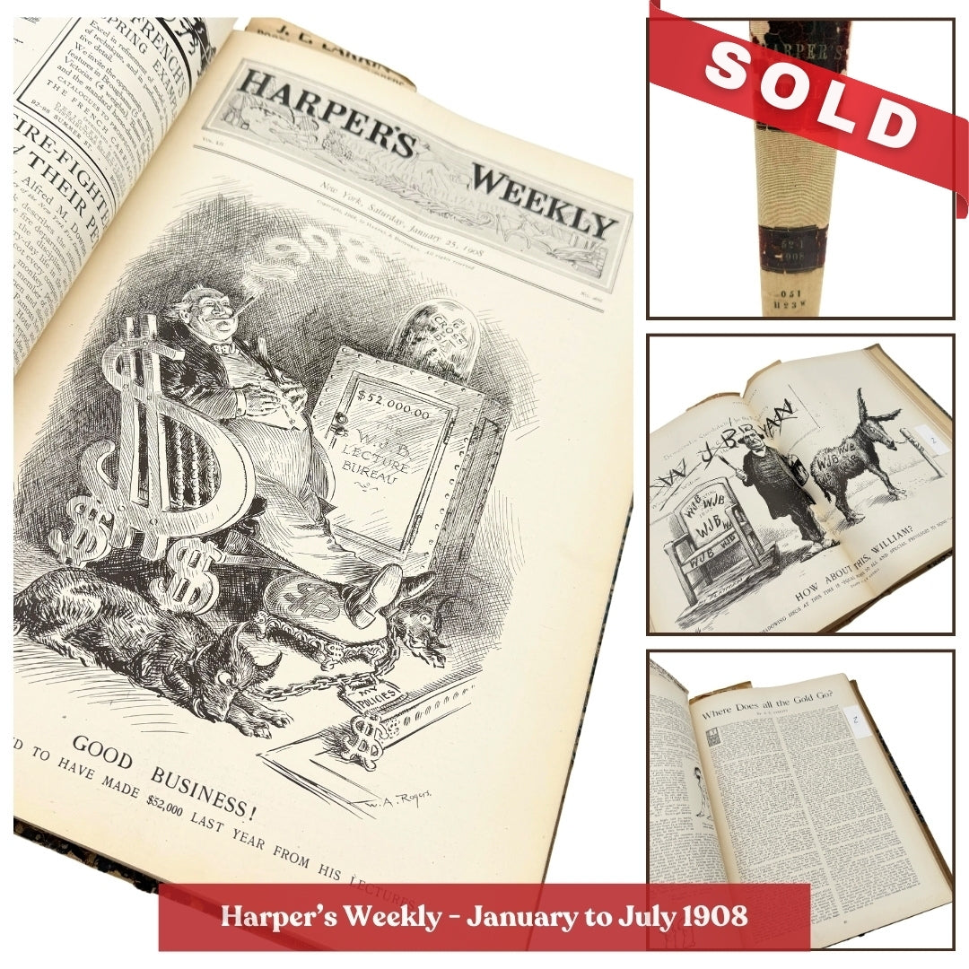 1901 and 1908 bound volumes of "Harper's Weekly" from January to June in a large bound book