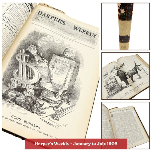 1901 and 1908 bound volumes of "Harper's Weekly" from January to June in a large bound book