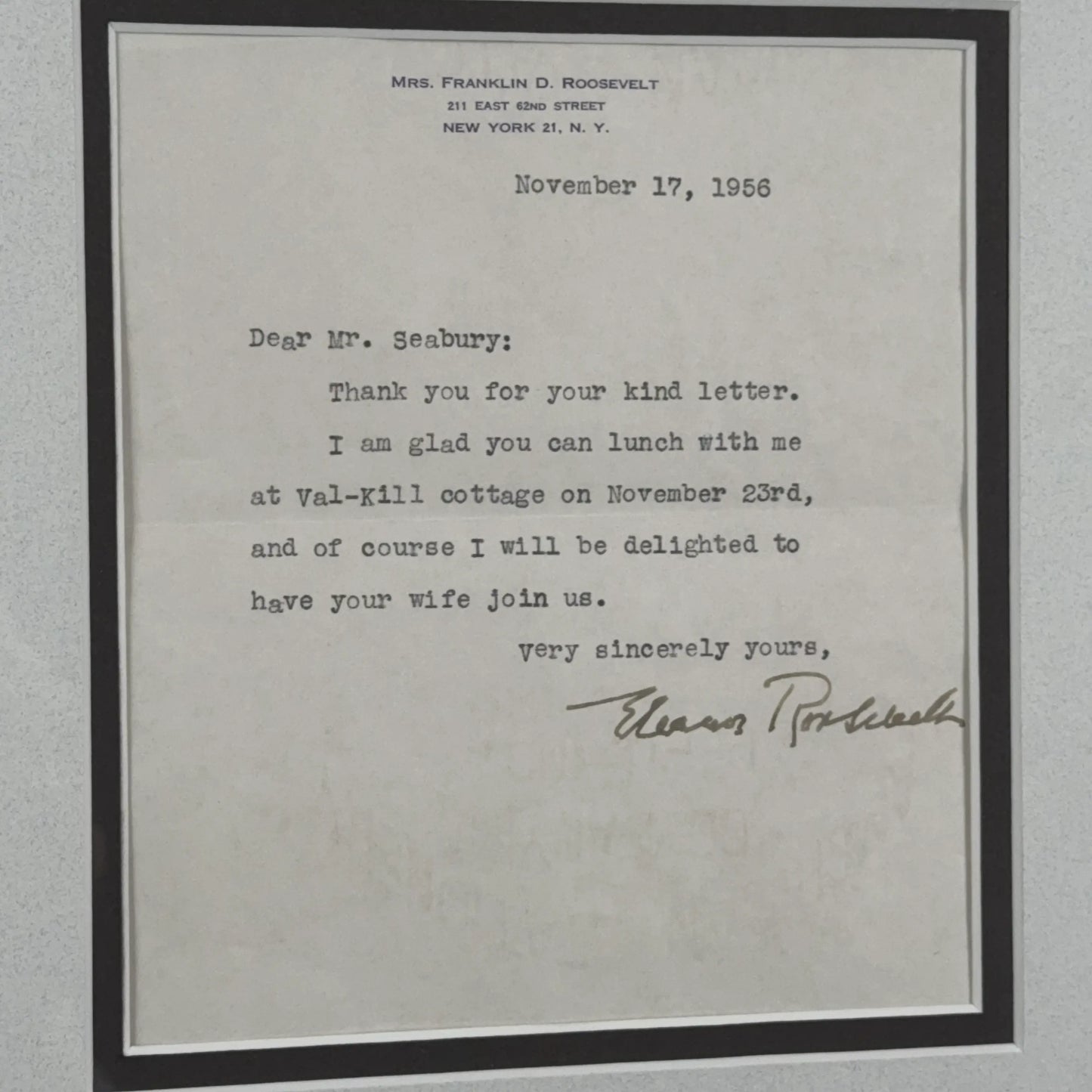 Framed Eleanor Roosevelt signed letter with envelope — Includes photo