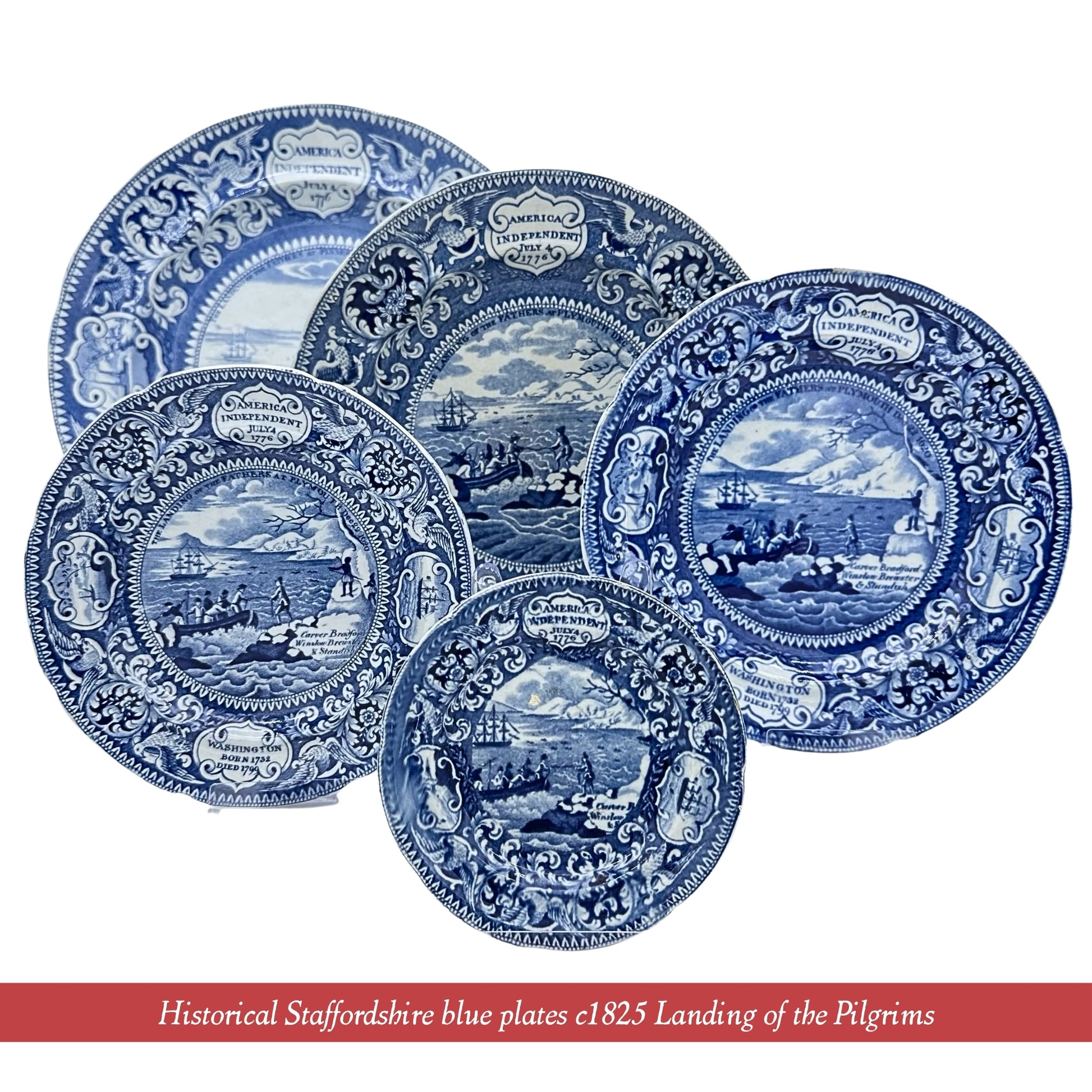 "Landing of the Pilgrims" — Historical Staffordshire blue plates c1825, from The History List Store.