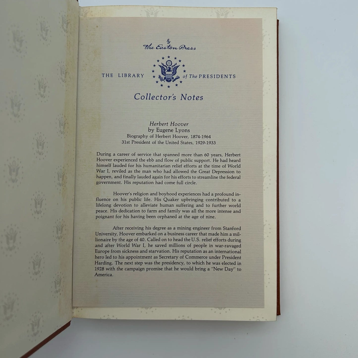 "Herbert Hoover: A Biography" by Eugene Lyons - Leather-bound, gilt-edged Easton Press edition