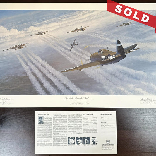 "The Hunter becomes the Hunted" WWII aviation print signed by both American and German pilots