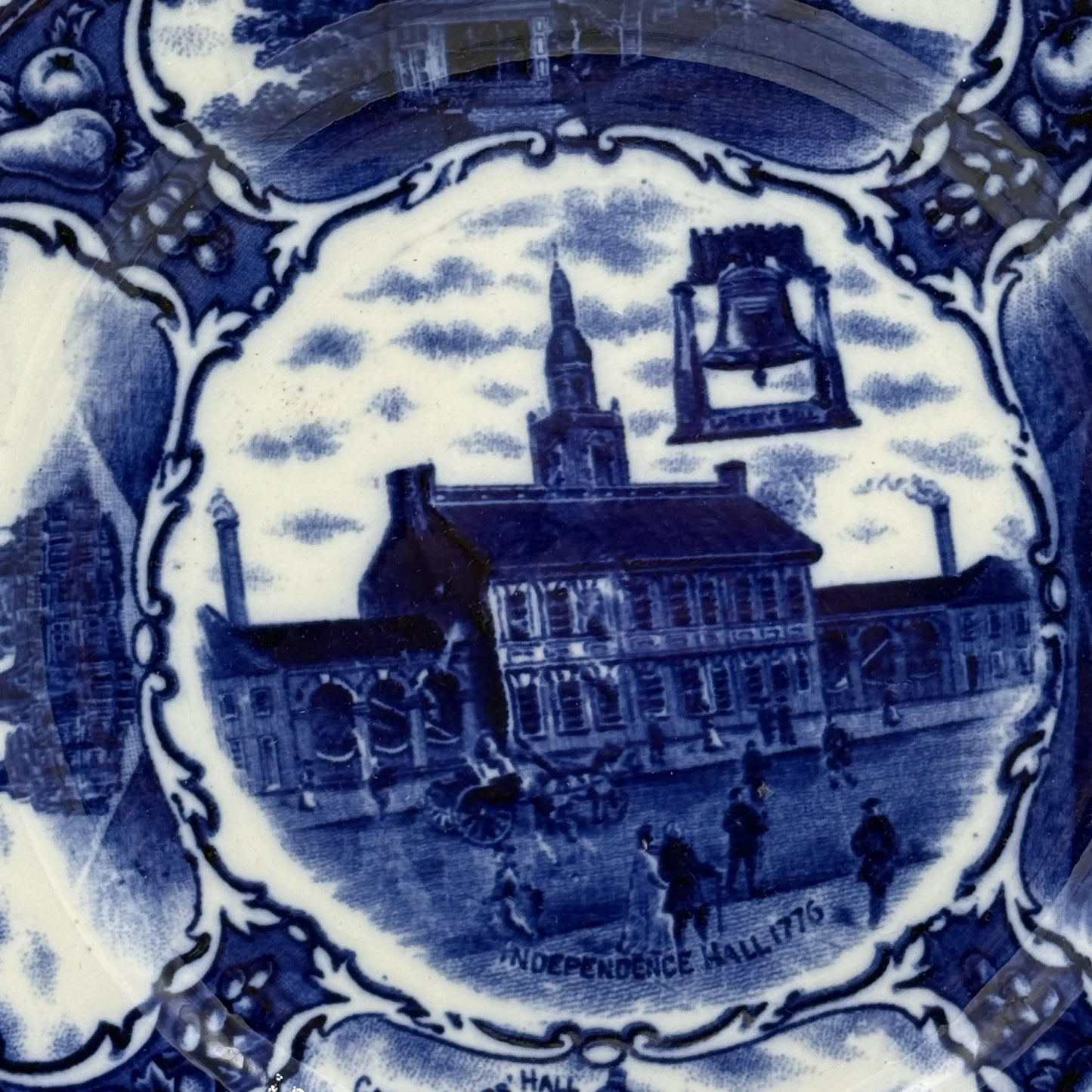 Independence Hall Flow Blue Staffordshire Plate — 19thc.