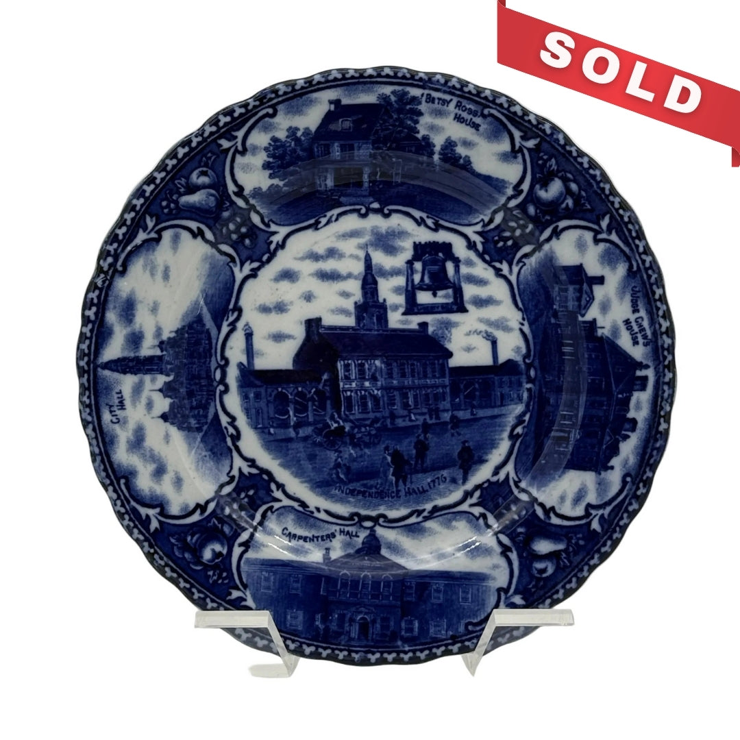 Independence Hall Flow Blue Staffordshire Plate — 19thc.