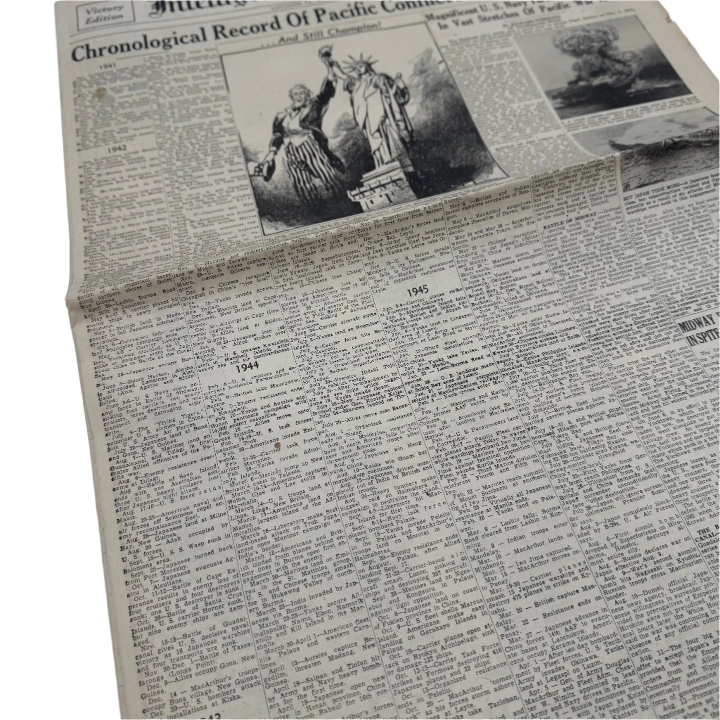 Newspapers covering of the Attack on Pearl Harbor on December 8, 1941 and the Japanese Surrender in 1945