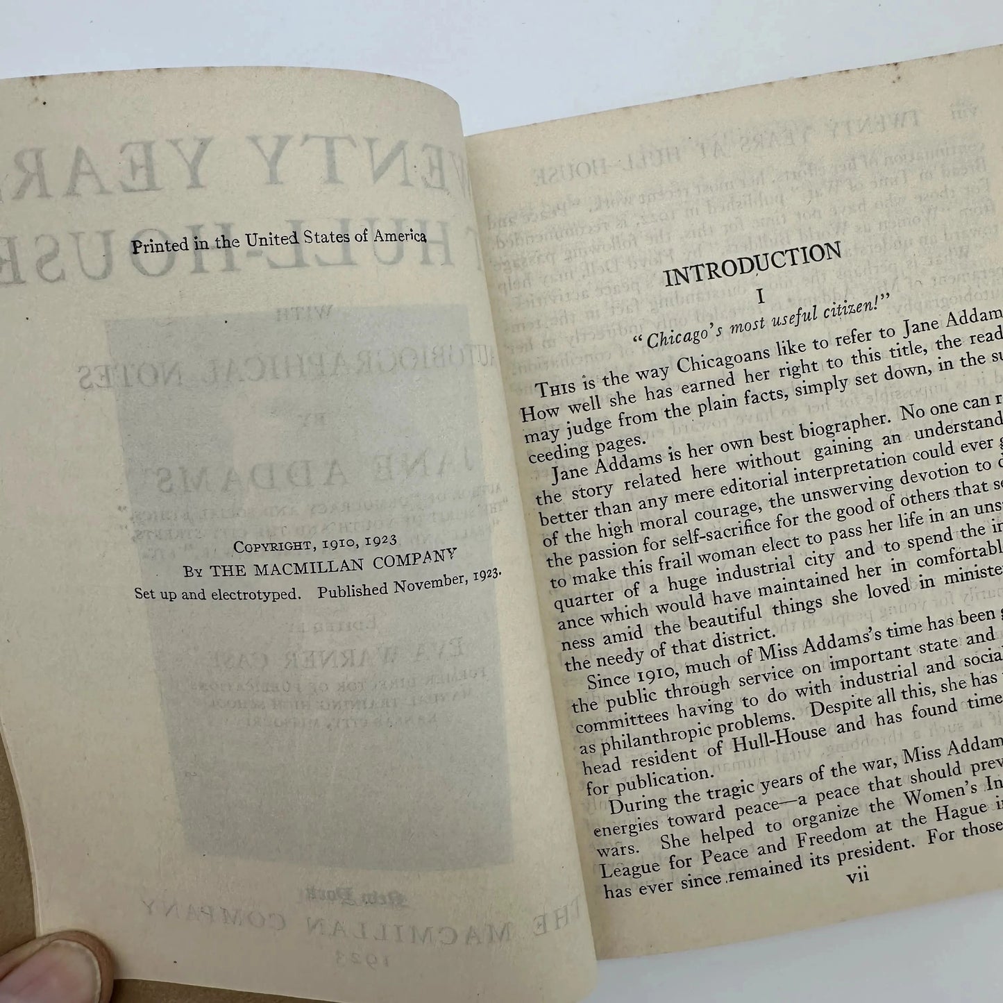 "Twenty Years at Hull-House” signed by the author, Jane Addams, 1923