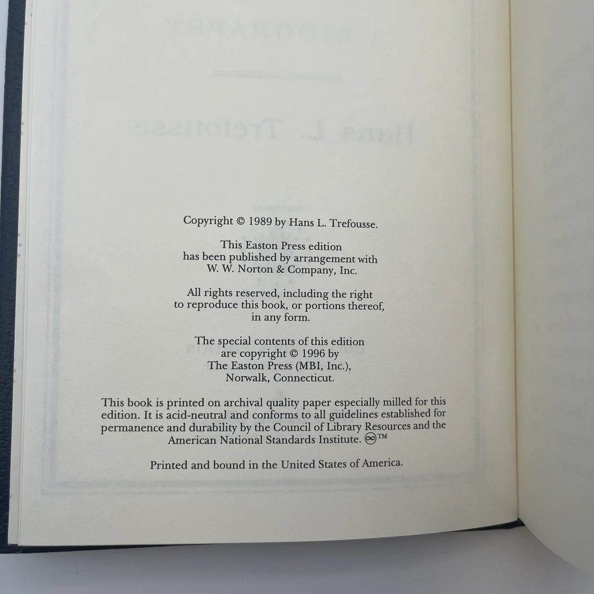 "Andrew Johnson: A Biography" by Hans L. Trefousse - Leather-bound, gilt-edged Easton Press edition