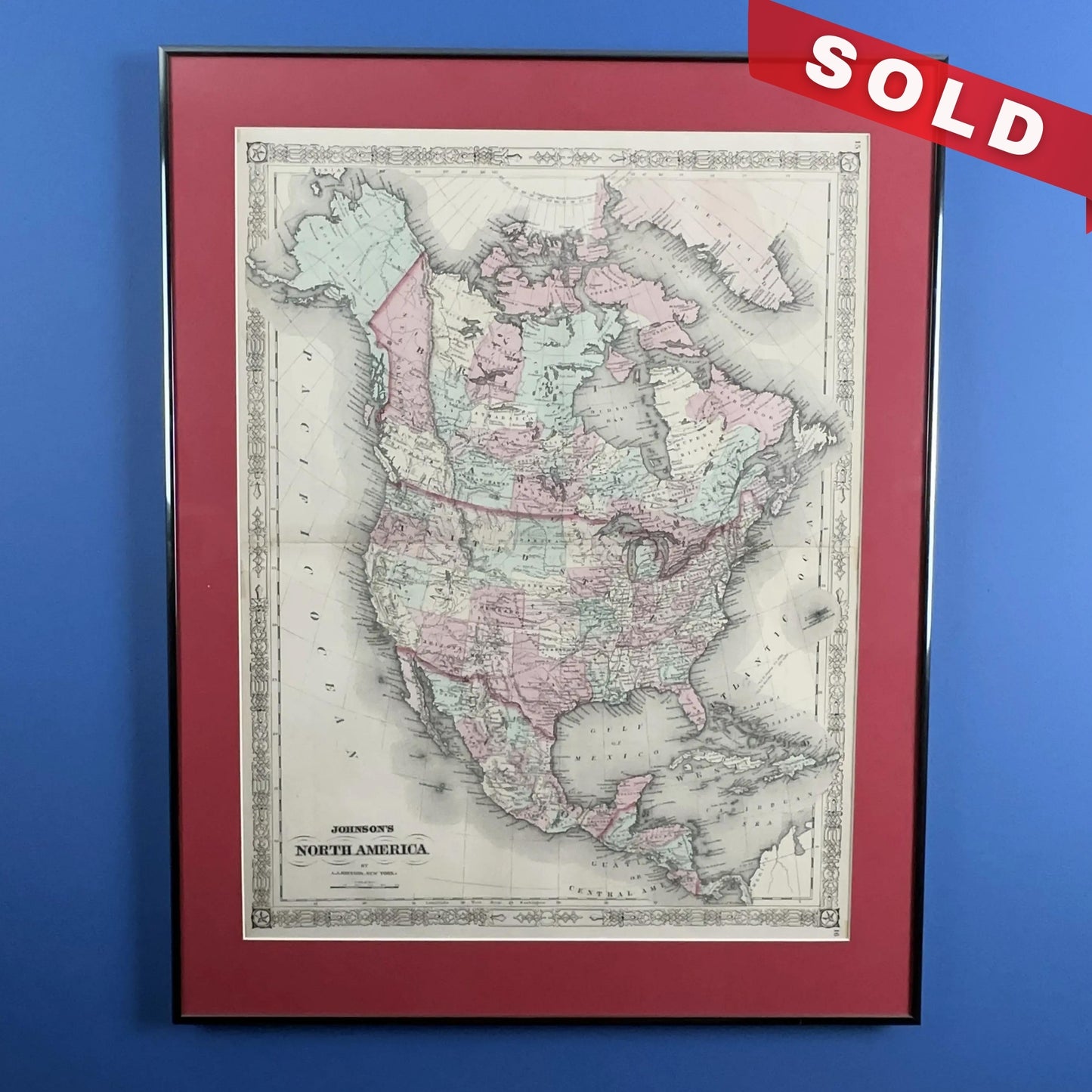 1868 "Johnson's North America" — Hand-colored — Framed