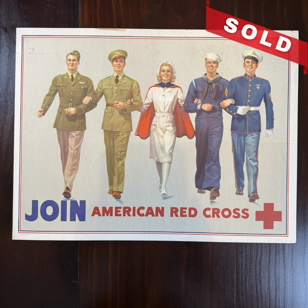 Original WWII Poster — "Join American Red Cross" with Army Air Corps, Army, Nurse, Navy, Marine — 1942