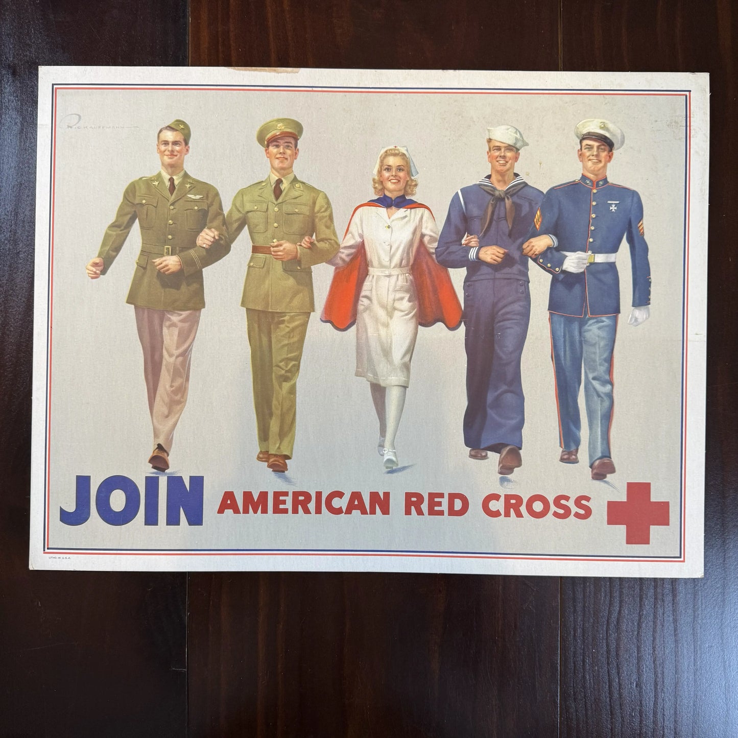 Original WWII Poster — "Join American Red Cross" with Army Air Corps, Army, Nurse, Navy, Marine — 1942