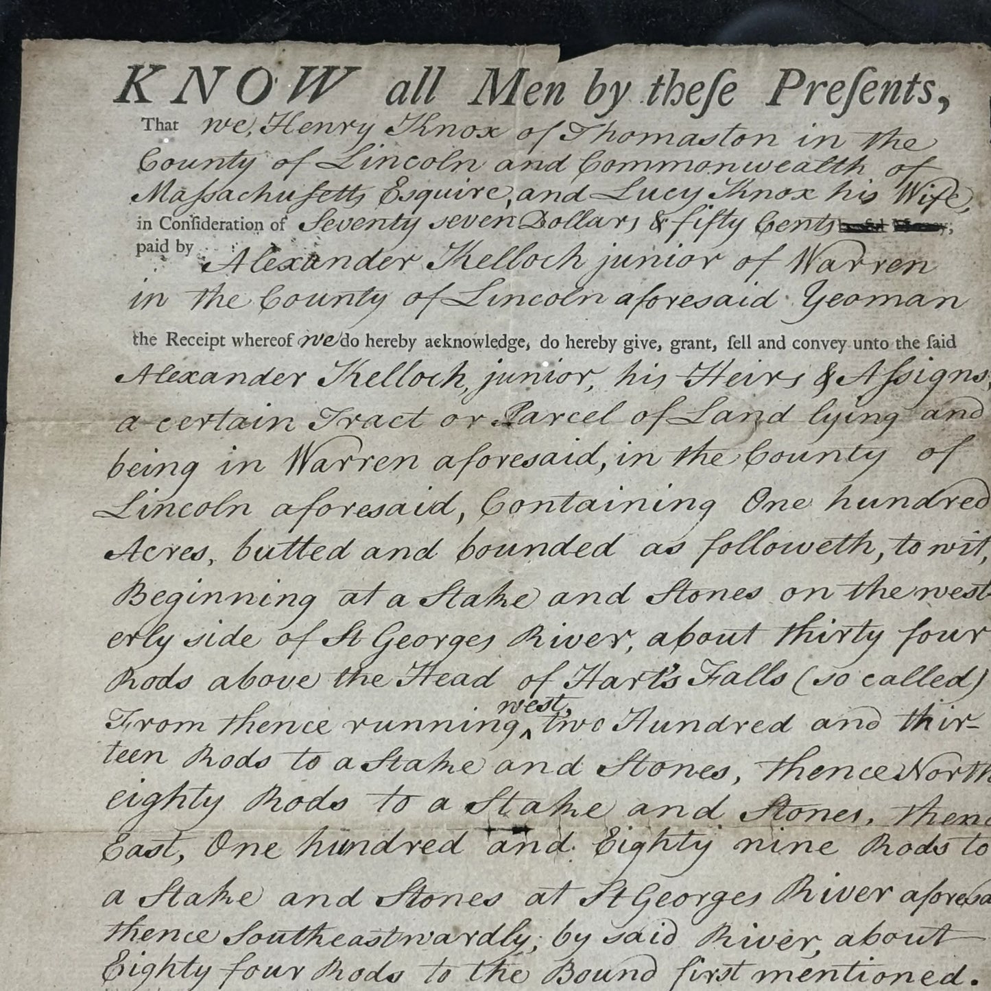 Top view close-up of the "Deed signed by Henry Knox and Lucy Knox — 1797" from The History List Store.