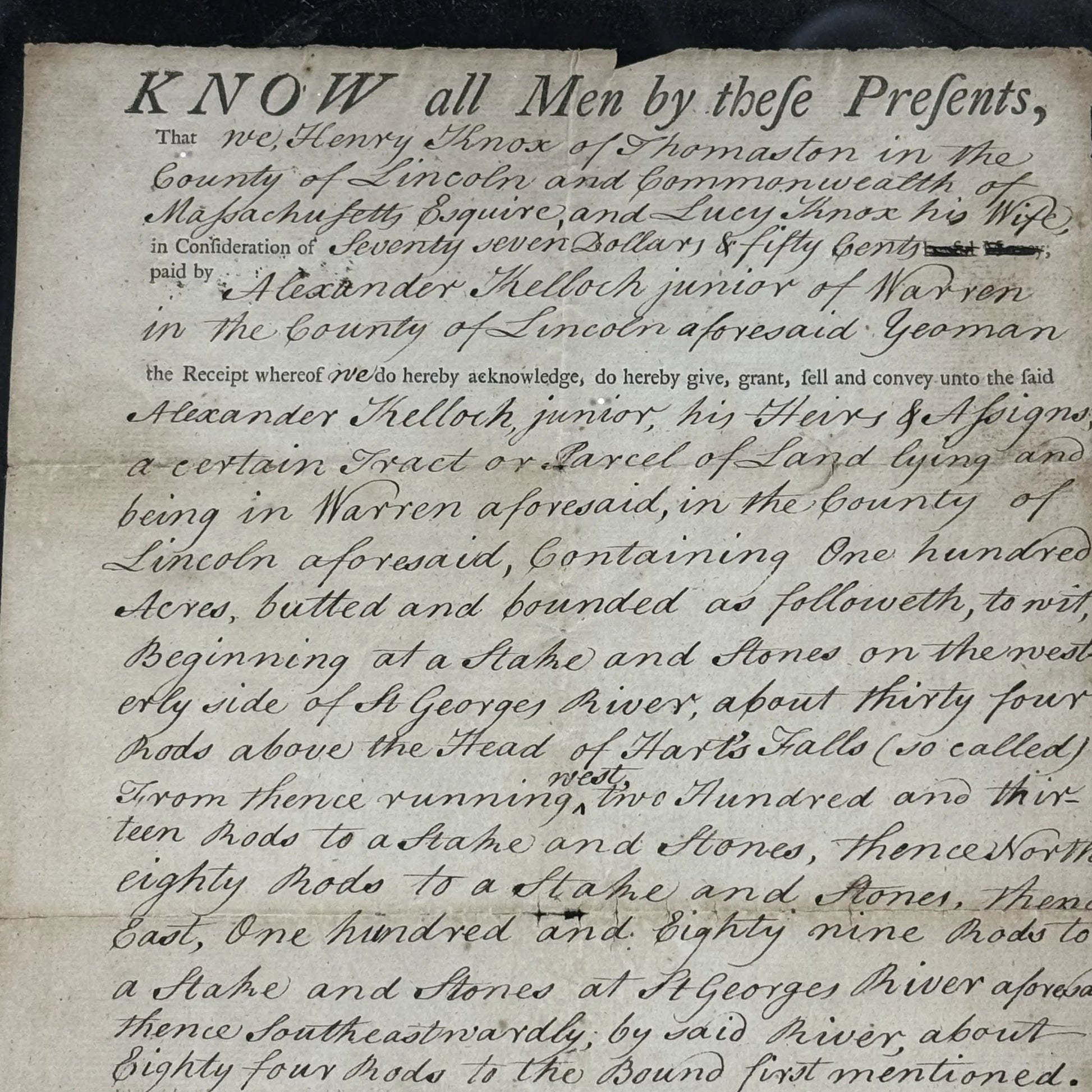 Top view close-up of the "Deed signed by Henry Knox and Lucy Knox — 1797" from The History List Store.