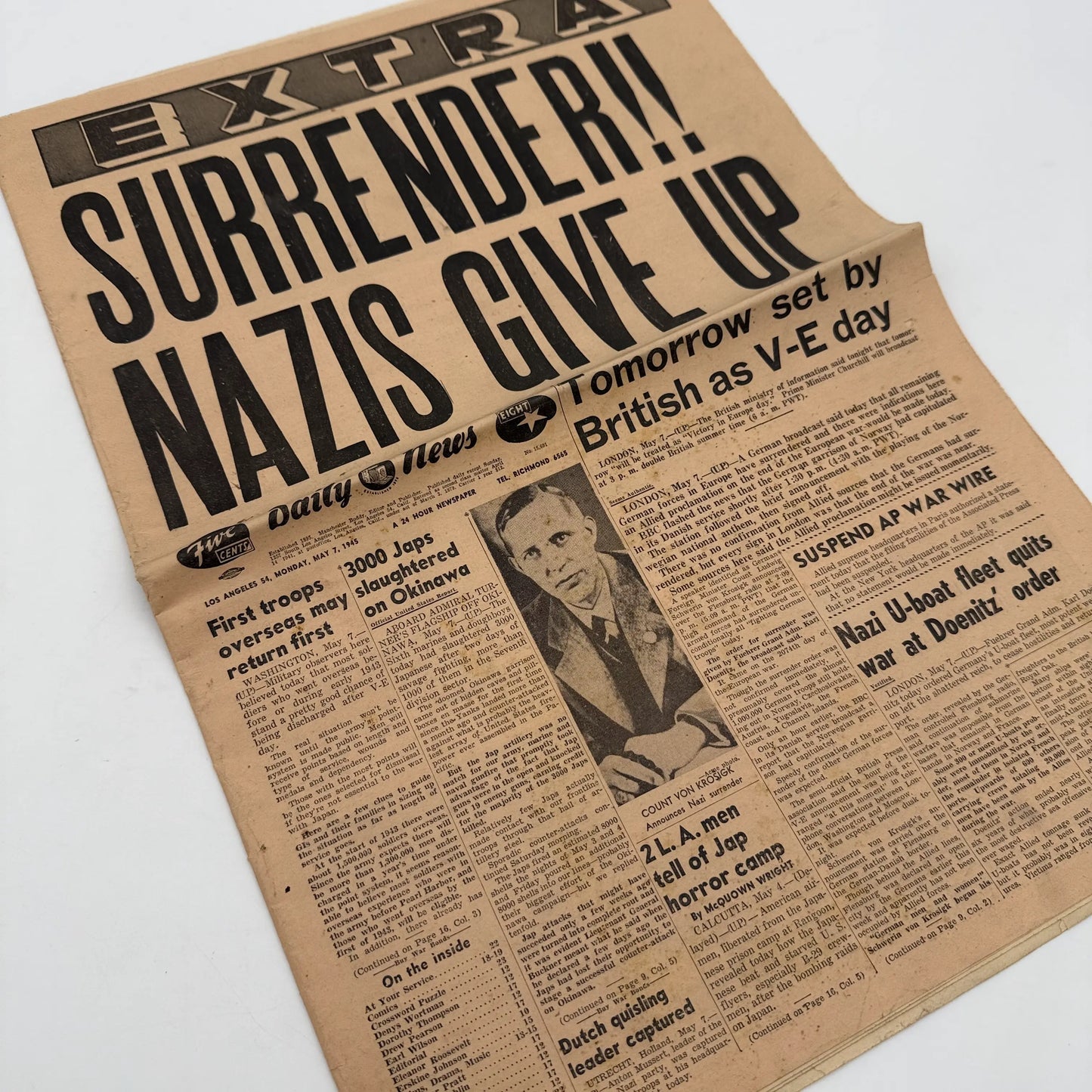 Los Angeles Daily News — EXTRA — "Surrender!! Nazis Give Up" — May 7, 1945