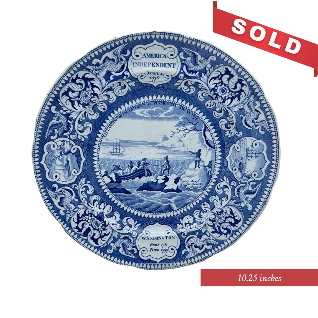 "Landing of the Pilgrims" — Historical Staffordshire blue plates c1825