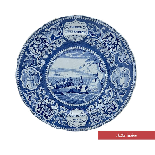 Close-up of 10.25 inches plate "Landing of the Pilgrims" — Historical Staffordshire blue plates c1825, from The History List Store.