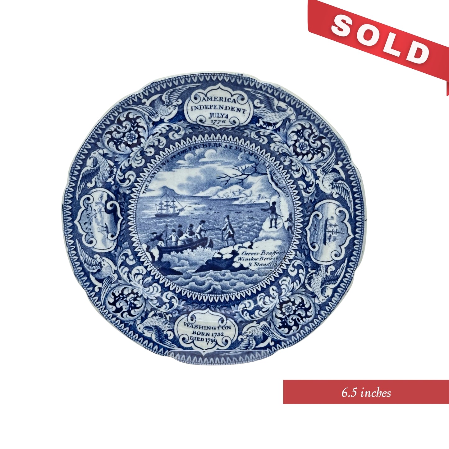 "Landing of the Pilgrims" — Historical Staffordshire blue plates c1825