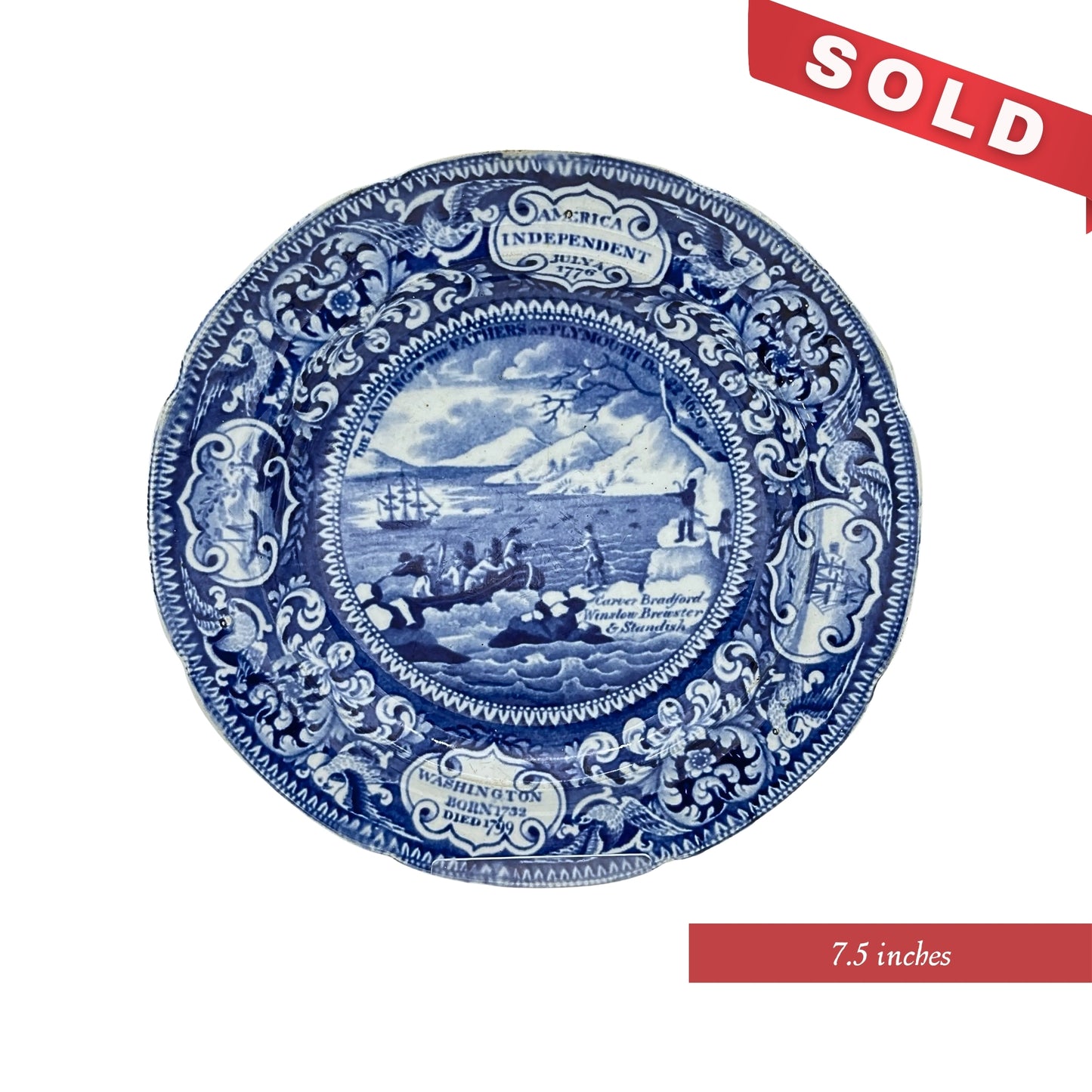 "Landing of the Pilgrims" — Historical Staffordshire blue plates c1825