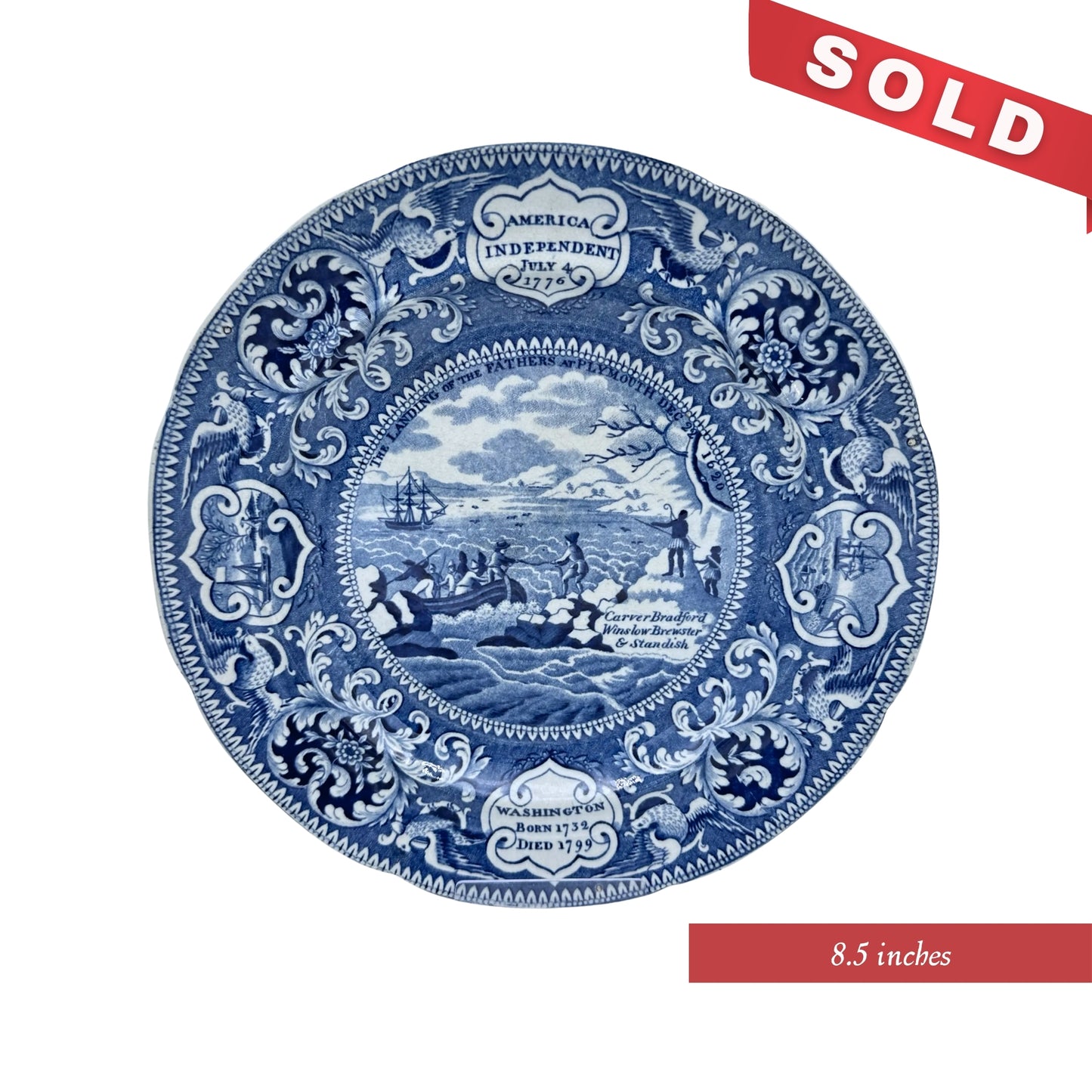 "Landing of the Pilgrims" — Historical Staffordshire blue plates c1825