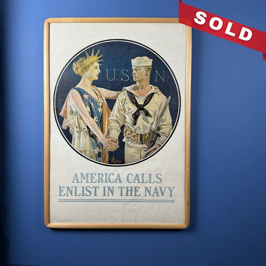 Original 1917 WWI Poster — "America Calls - Enlist In The Navy" — 42.75" x 30" — Framed