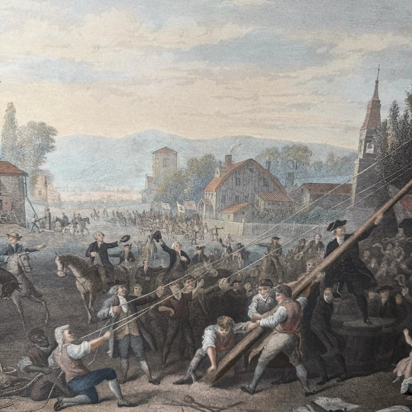 "Raising the Liberty Pole" — 1888 — Hand-colored engraving — 1888