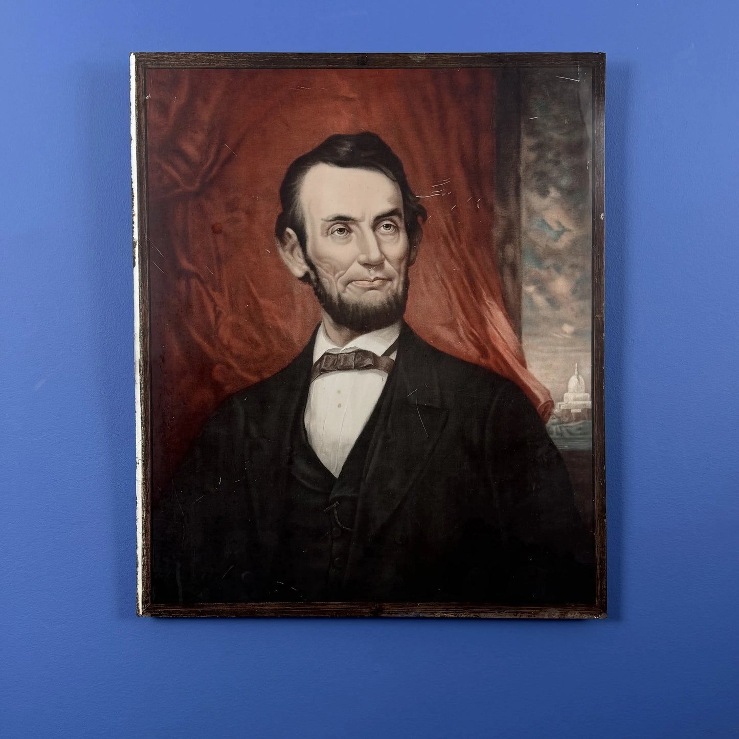 Baked tin chromite lithograph of George Henry Story's painting of Lincoln — 1931