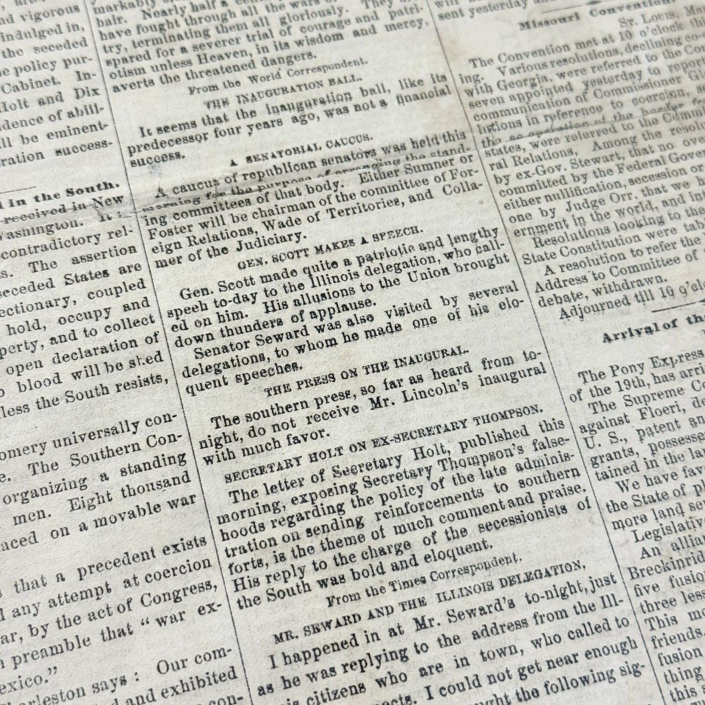 March 7, 1861 issue of the Albany Times and Courier reports Lincoln en route to Inauguration