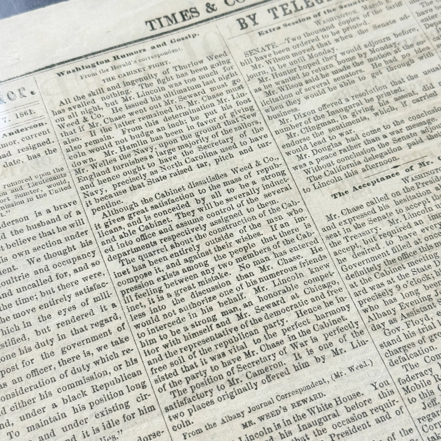 March 7, 1861 issue of the Albany Times and Courier reports Lincoln en route to Inauguration