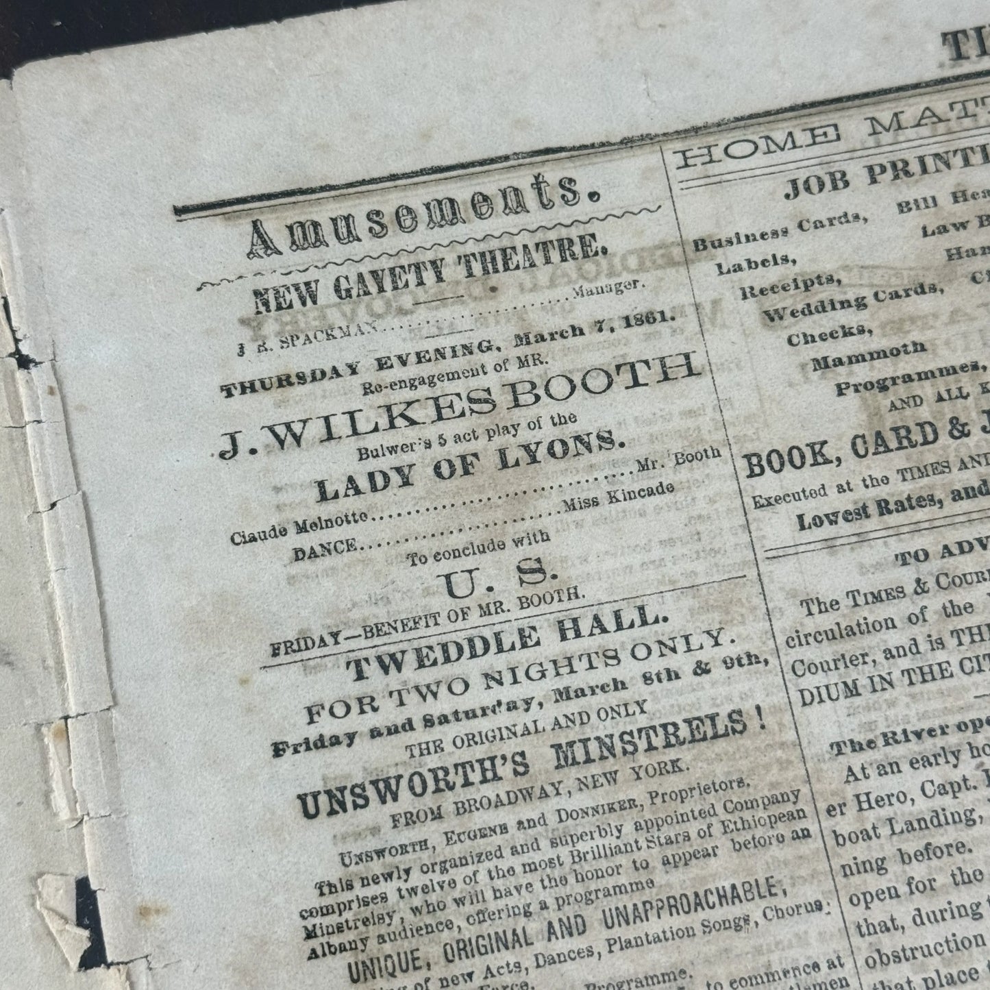 March 7, 1861 issue of the Albany Times and Courier reports Lincoln en route to Inauguration