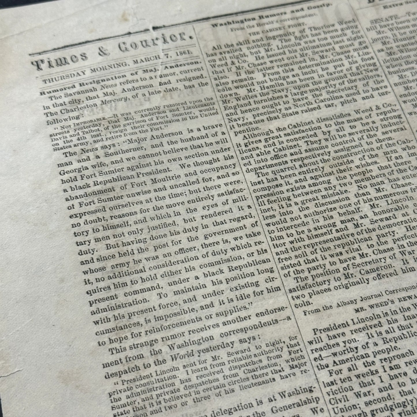 March 7, 1861 issue of the Albany Times and Courier reports Lincoln en route to Inauguration