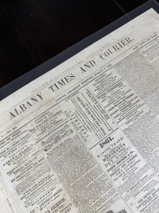March 7, 1861 issue of the Albany Times and Courier reports Lincoln en route to Inauguration from The History List Store.