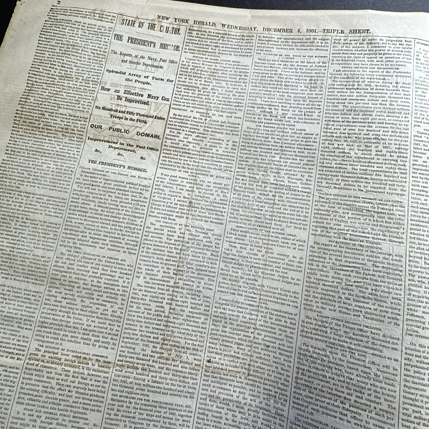 1861 Newspaper reporting Lincoln’s First State of the Union Address