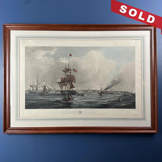 Large, framed, hand-colored 1841 etching of U.S. ship in the Port of Liverpool