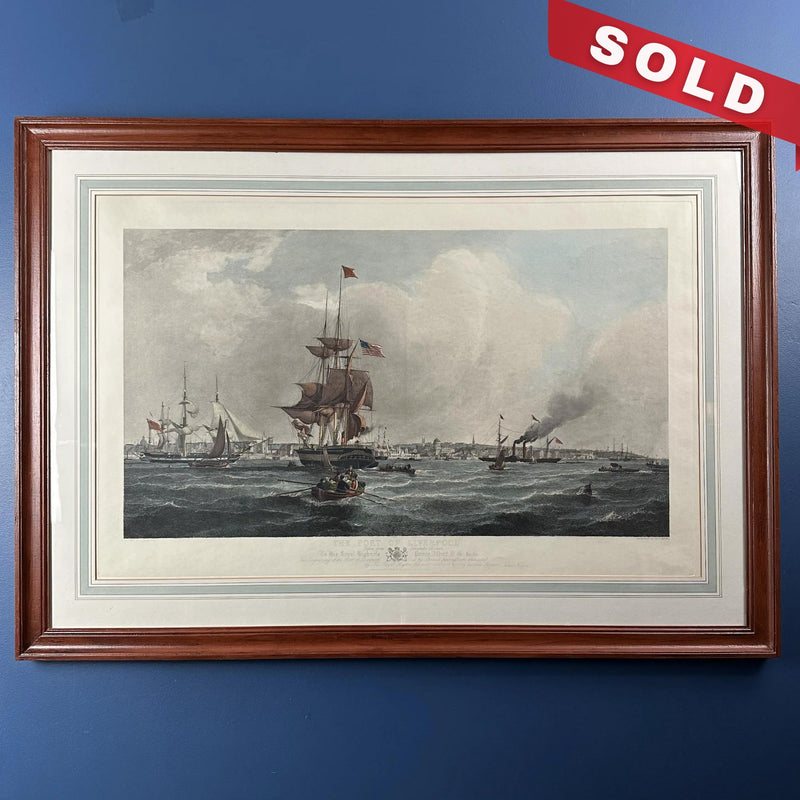 Large, framed, hand-colored 1841 etching of U.S. ship in the Port