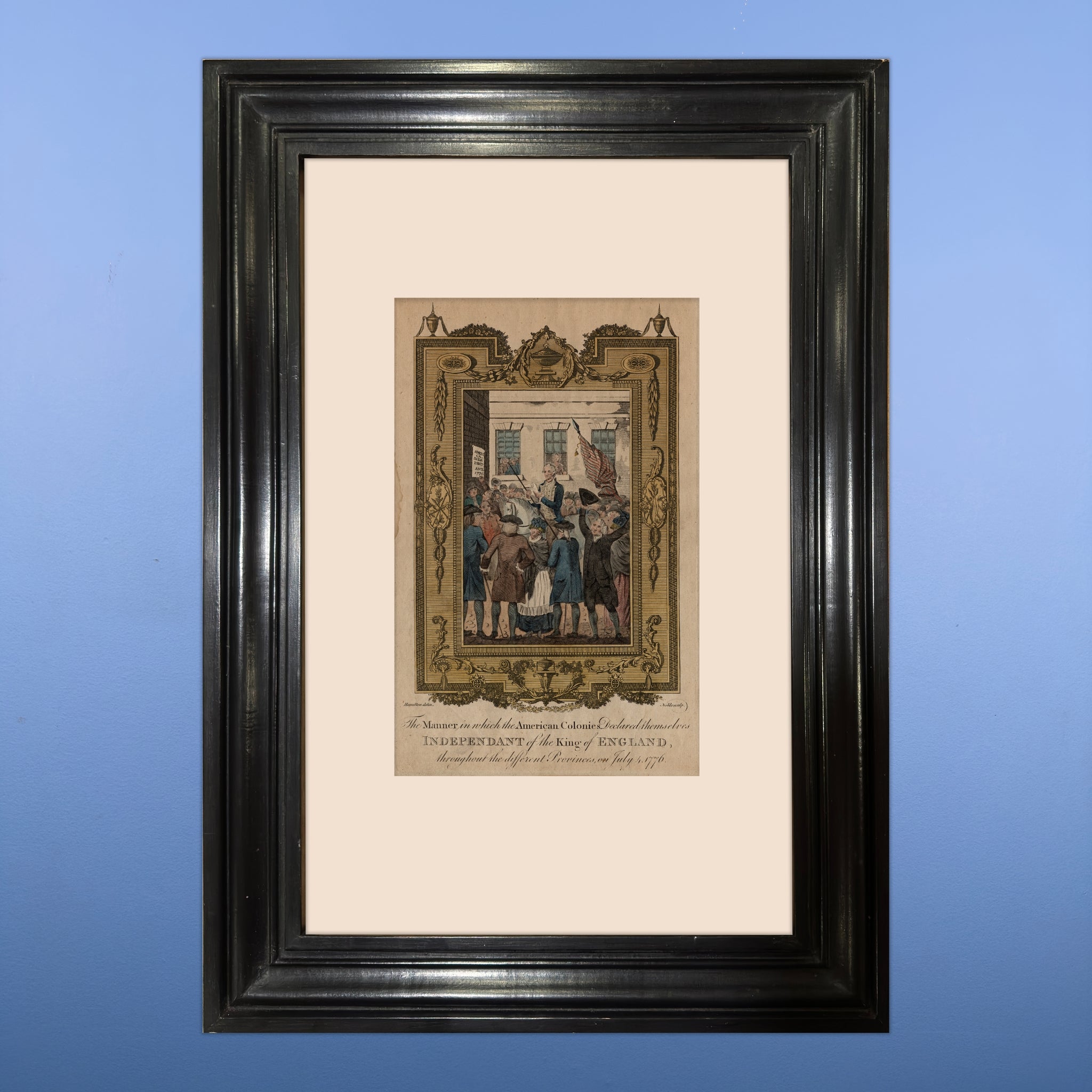 Declaring Independence hand-colored engraving c. 1783 - In a hand-made solid wood frame from The History List Store