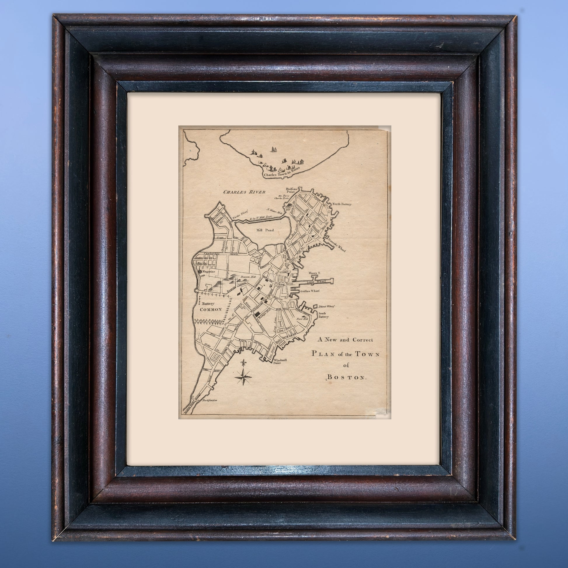 "A New and Correct Plan of the Town of Boston" from the "Gentleman's Magazine" — October 1775 — In an antique frame from The History List Store