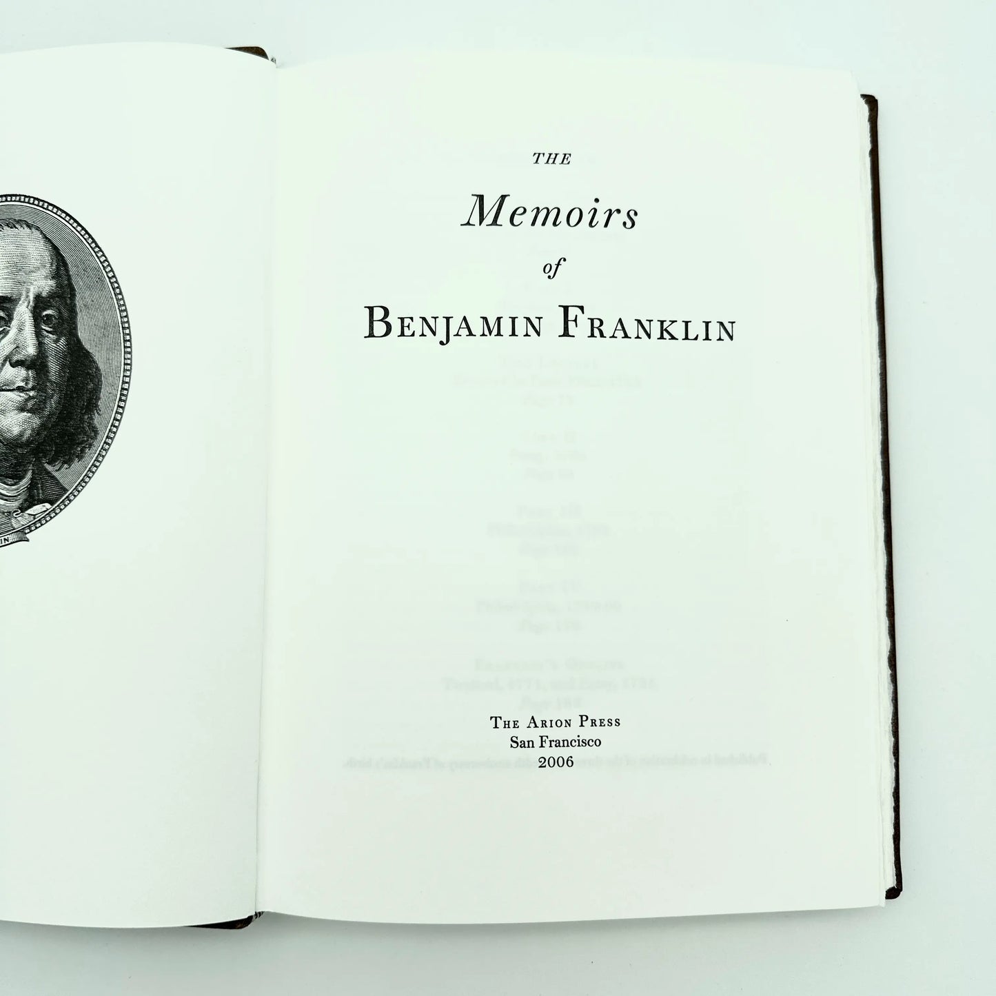The Memoirs of Benjamin Franklin - From Arion Press — Numbered edition in brown goatskin with a gilt stamp profile on the cover