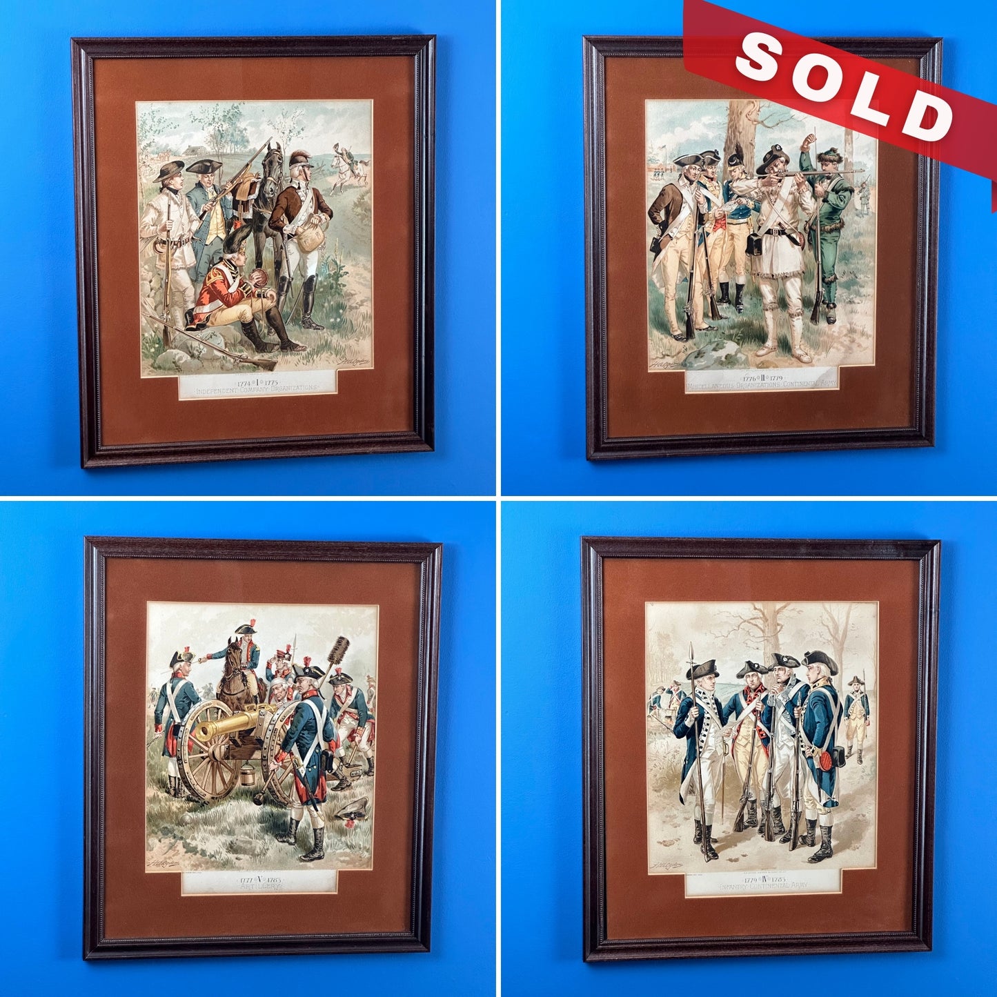 Four historic framed prints of American soldiers in uniform 1774 - 1783 that were commissioned by the Quartermaster General of the Army (1890 - 1907)