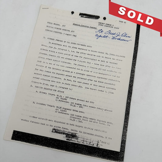 Nagasaki Atomic Mission Xerox Report signed by Pilot Lt. Fred J. Olivi — with COA