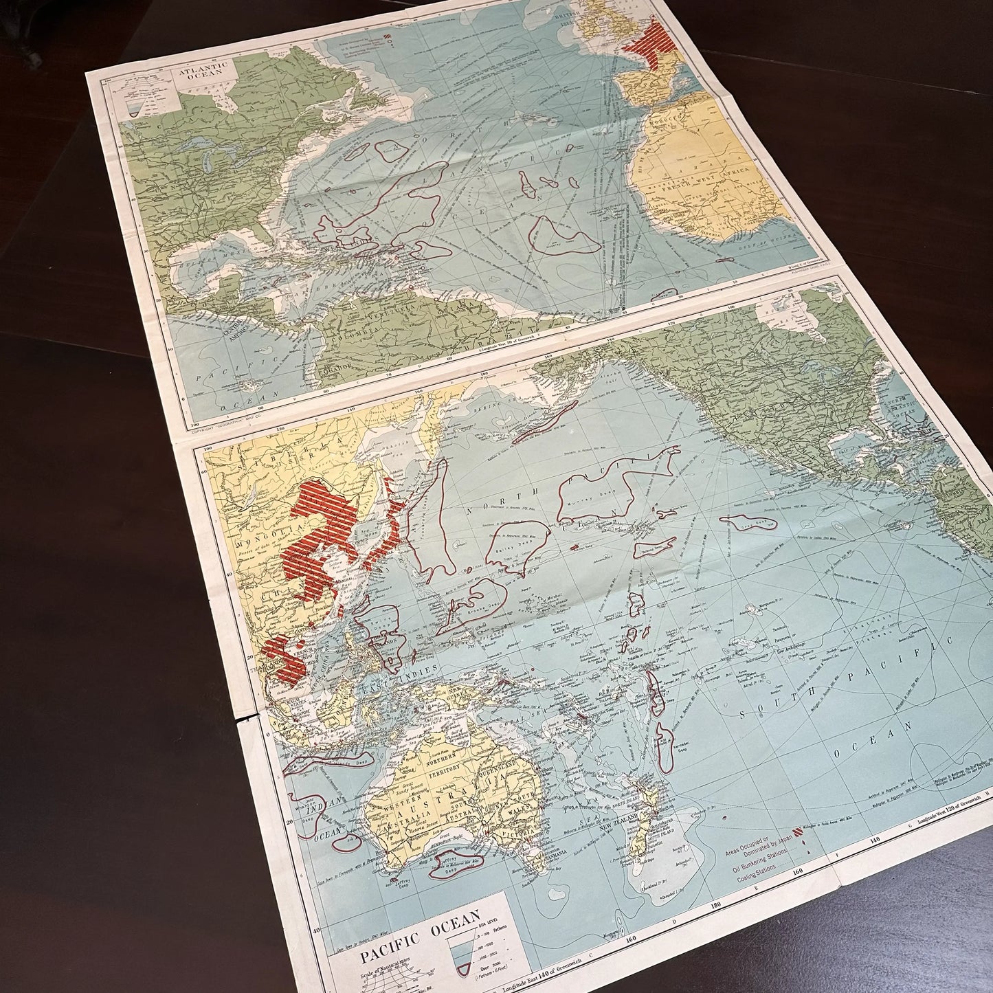 1941 New War Map — 3 Maps in One: The Atlantic Ocean, The Pacific, World on Mercator Projection