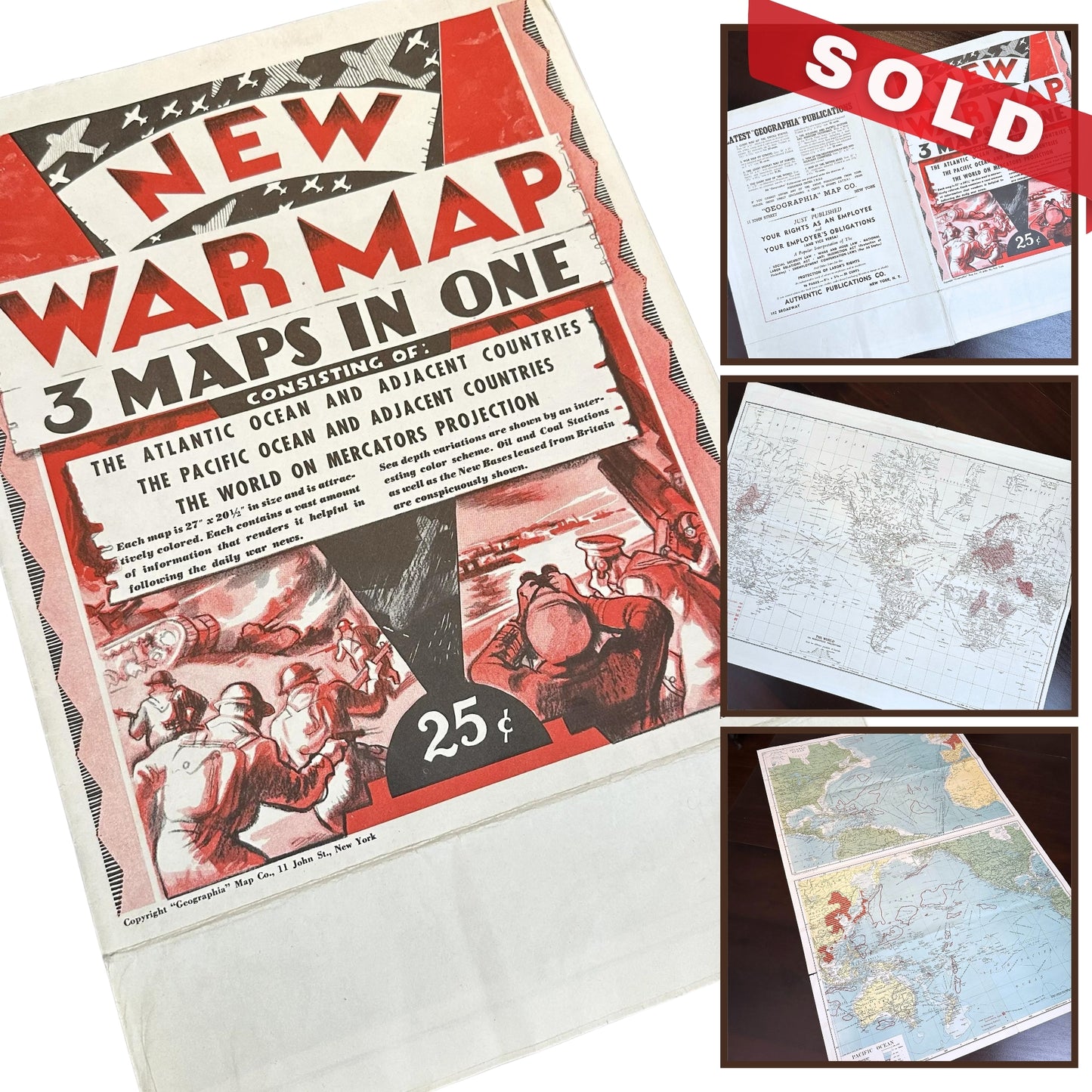 1941 New War Map — 3 Maps in One: The Atlantic Ocean, The Pacific, World on Mercator Projection