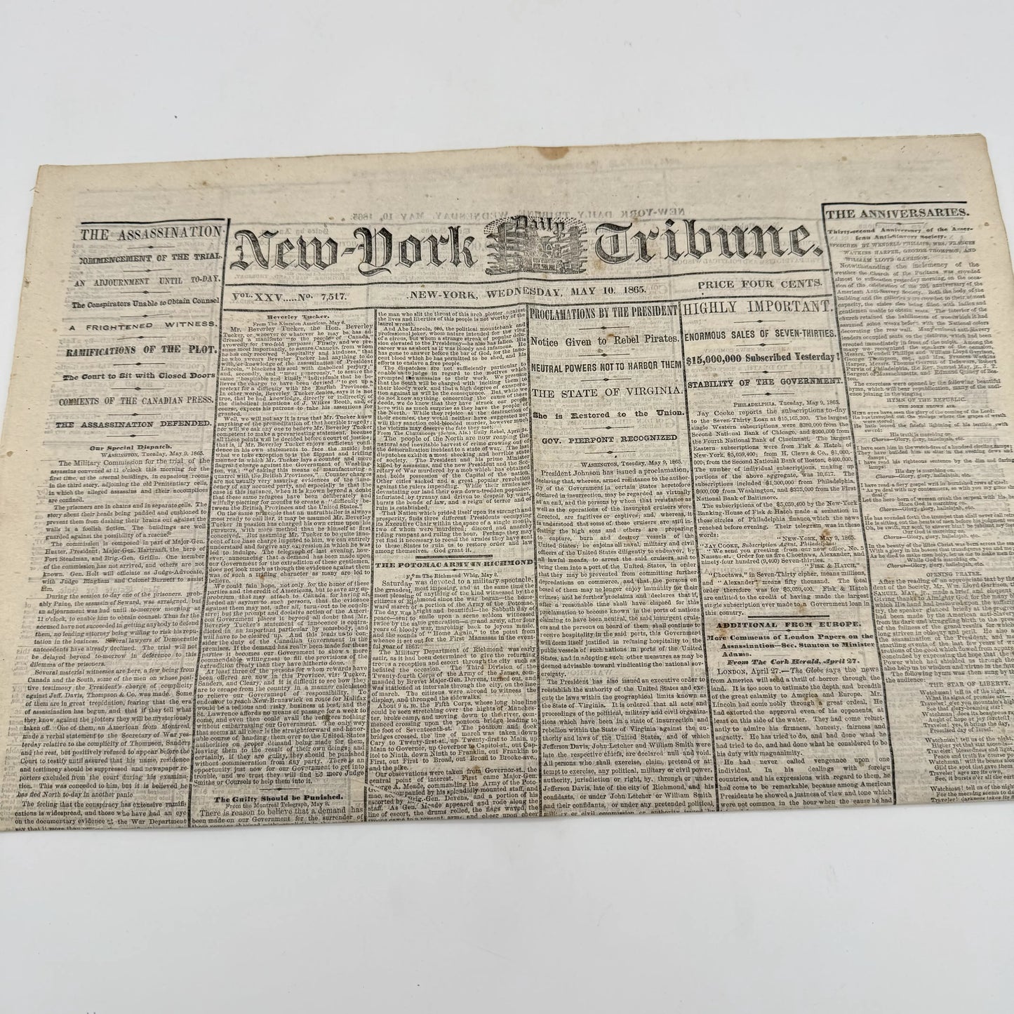 Lincoln Assassination Trial — New-York Tribune — May 10, 1865 — Reporting on the first day of the trial