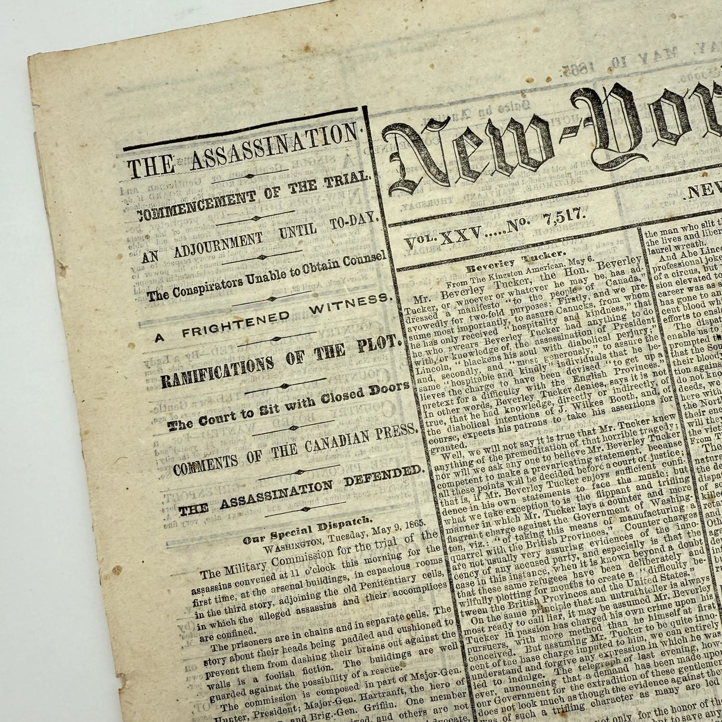 Lincoln Assassination Trial — New-York Tribune — May 10, 1865 — Reporting on the first day of the trial