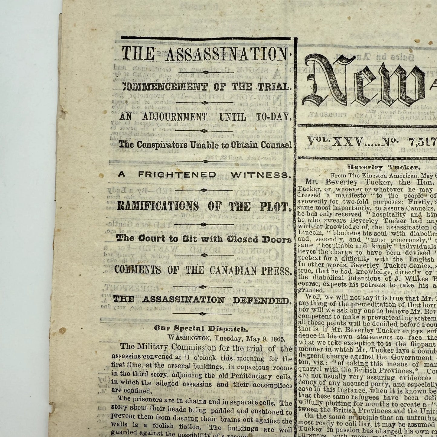 Lincoln Assassination Trial — New-York Tribune — May 10, 1865 — Reporting on the first day of the trial