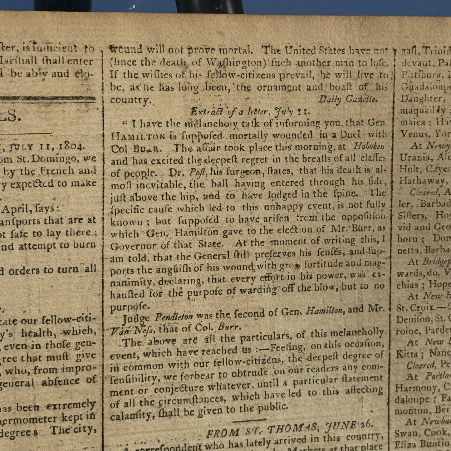"Gen. Hamilton is supposed mortally wounded" — Boston Gazette, July 16, 1804